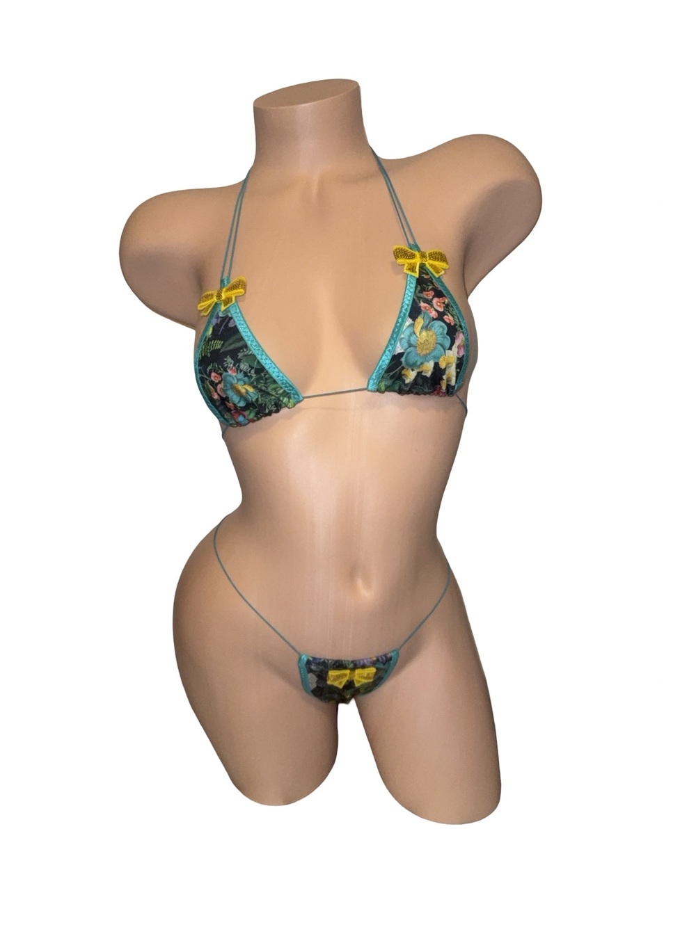 Floral Micro Triangle Bikini with Yellow Bow Accents - Women Swim
